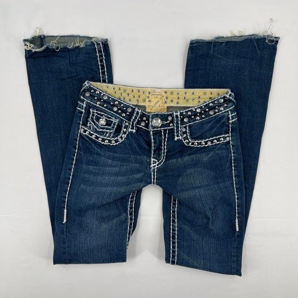 Y2K Studded Low Rise Bootcut Jeans Bling Rhinestone Grunge McBling 1 XS 26